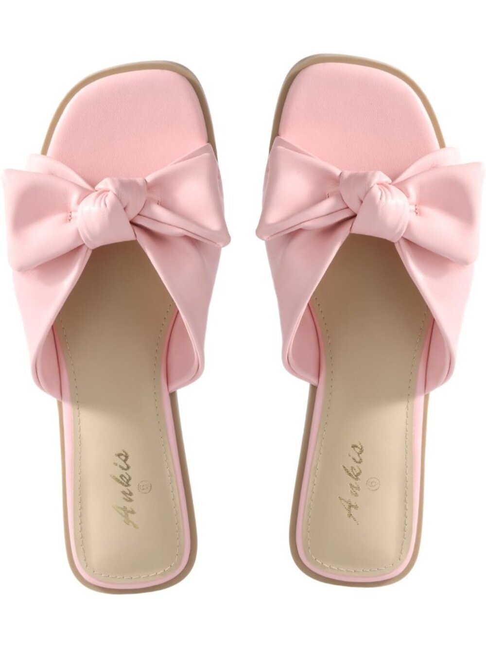 Women's Pink Bow Flat Square Open Toe Comfortable Slip On Slide Shoes Slippers